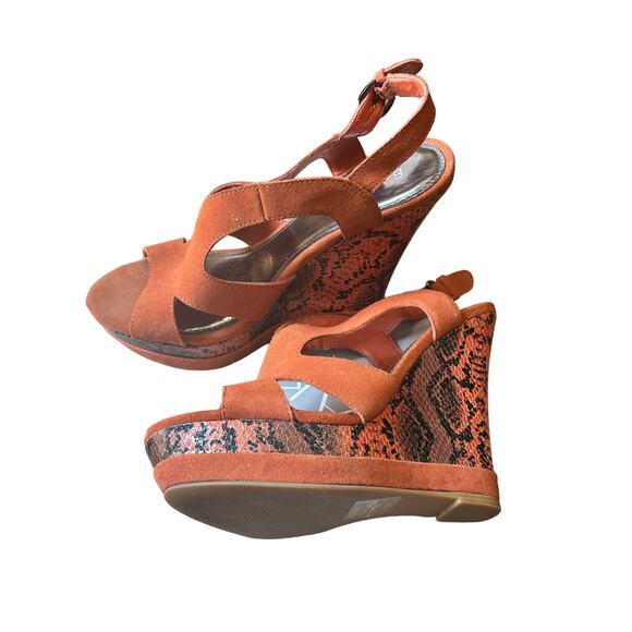 Bakers Snakeskin & Suede Wedge High Heel Open Toe Shoes Sz. 8 in Box Orange - Picture 11 of 16